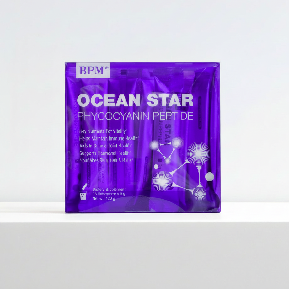 Ocean Star Phycocyanin Peptide purple bottle centered on gray surface